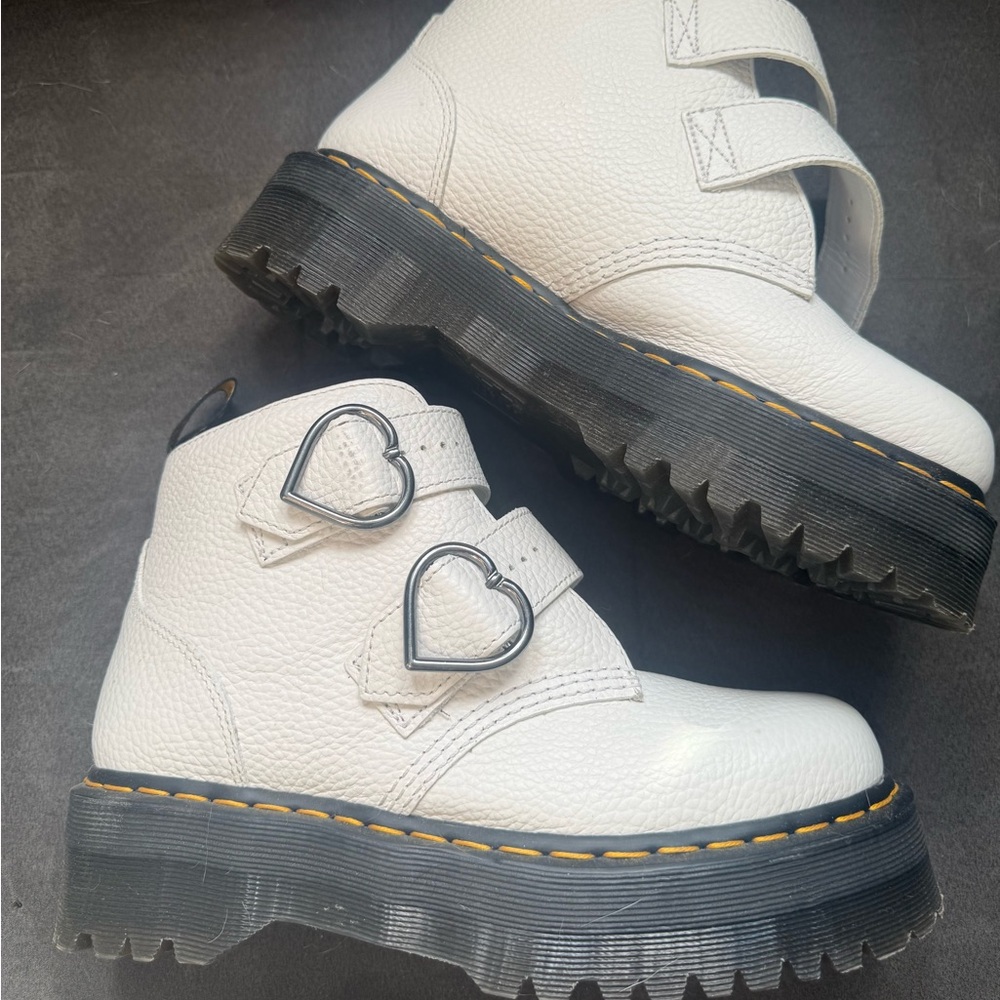 Dr. Martens White Leather Heart-Buckle Platform Ankle Boots